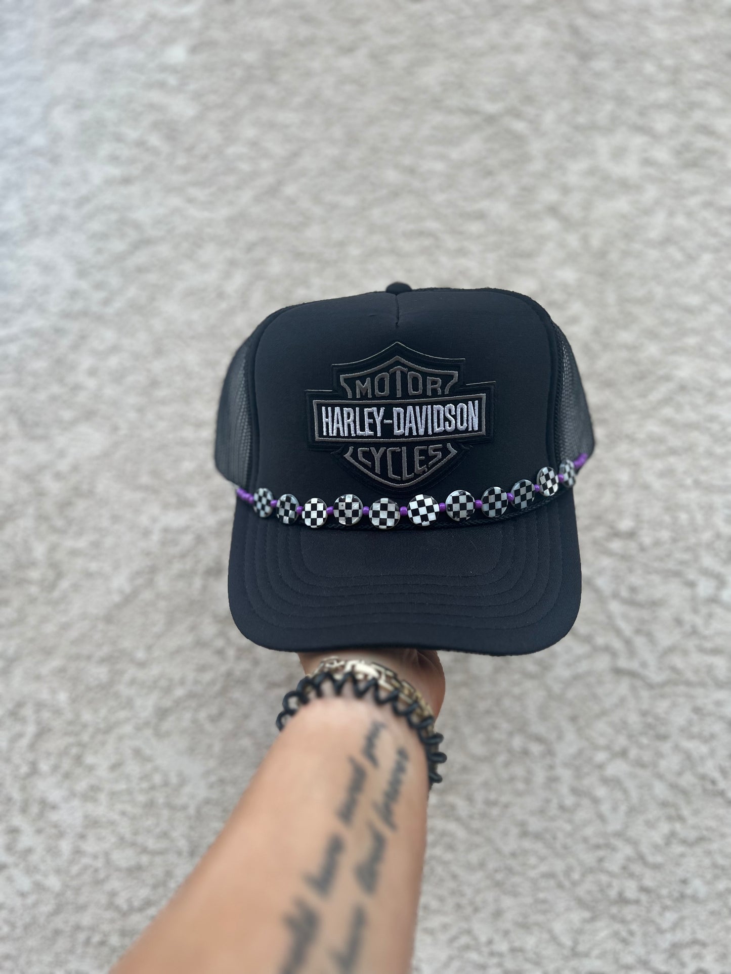 BLACK HARLEY WITH PURPLE CHECKERS